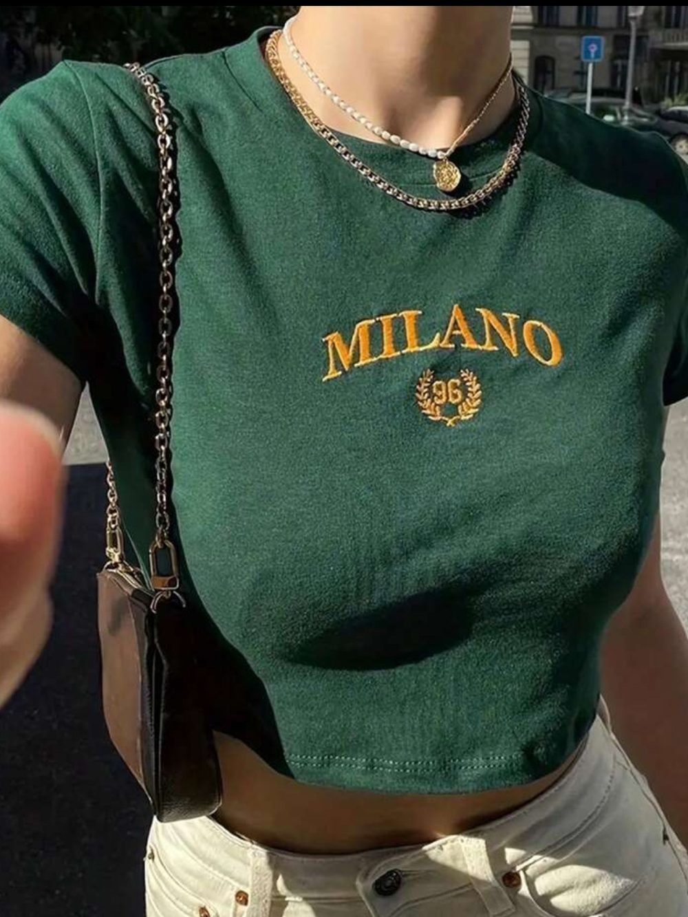 Milano Forest Green Cropped Tee with Gold Embroidery